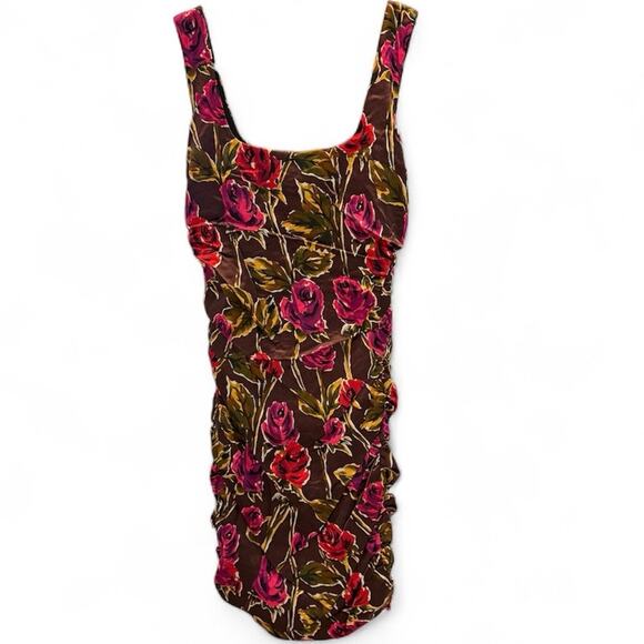 Jay Godfrey x Nordstrom Brown Floral Ruched Bodycon Dress Size 6 (Runs Small) - Picture 2 of 5